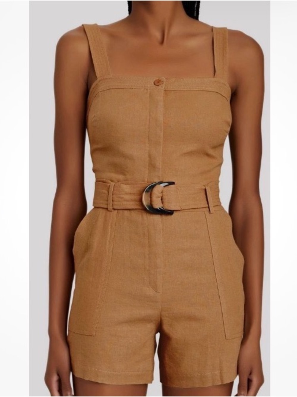 Jonathan Simkhai Standard Marin Topaz Tan Linen Sleeveless Belted Romper XS [CH]